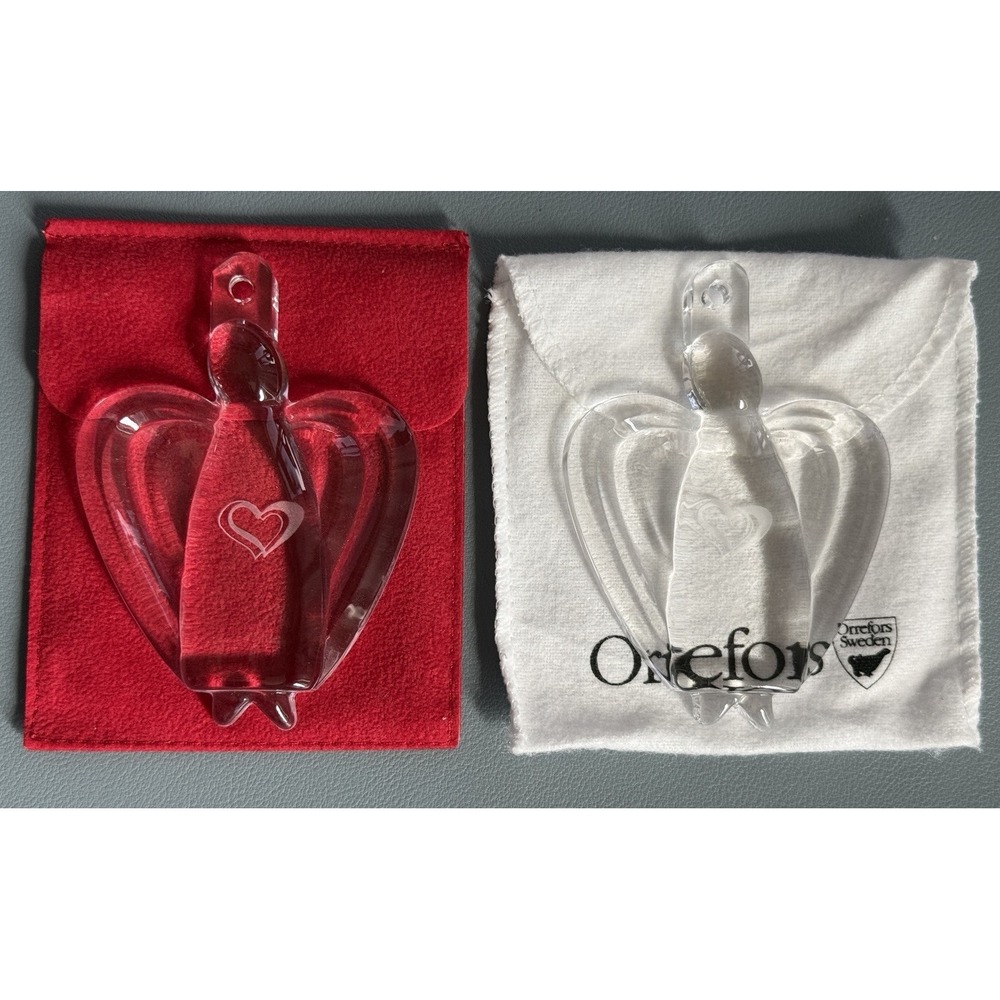 Orrefors Sweden Vintage Crystal Angel Of Love Pair Of Christmas Ornaments 2004